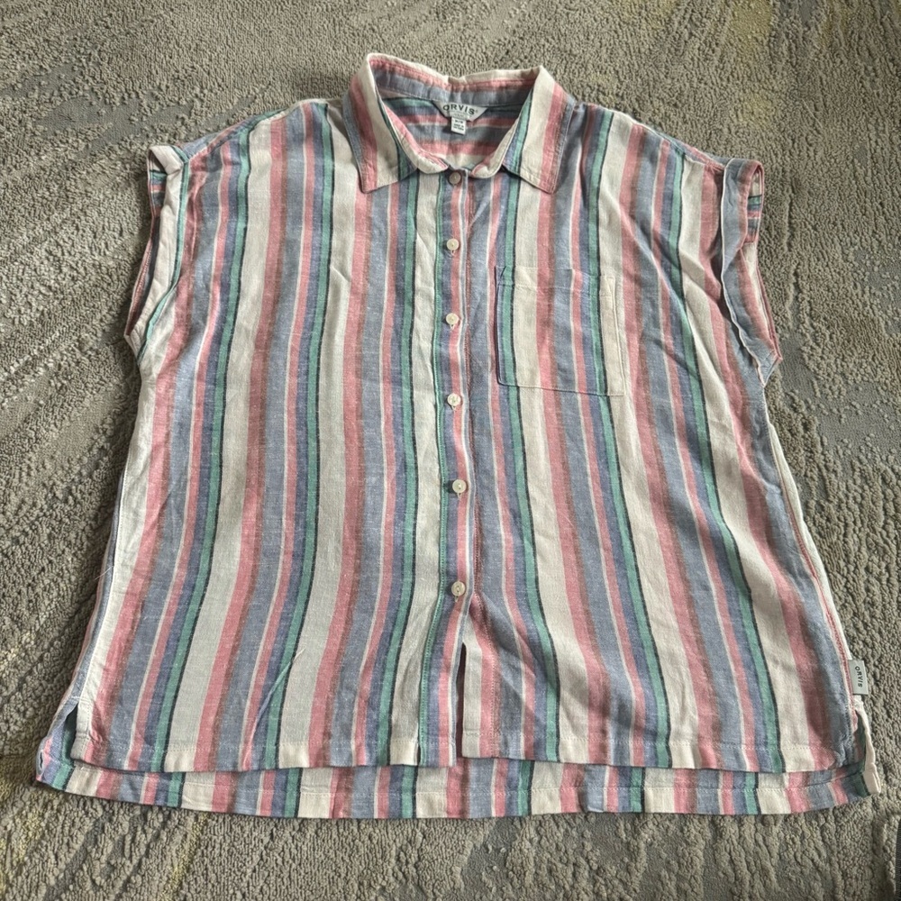 Orvis cap sleeve button down casual striped linen blue red green cream medium
